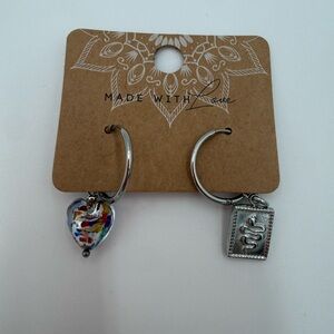 Murano Silver Heart and Square Charm Earrings